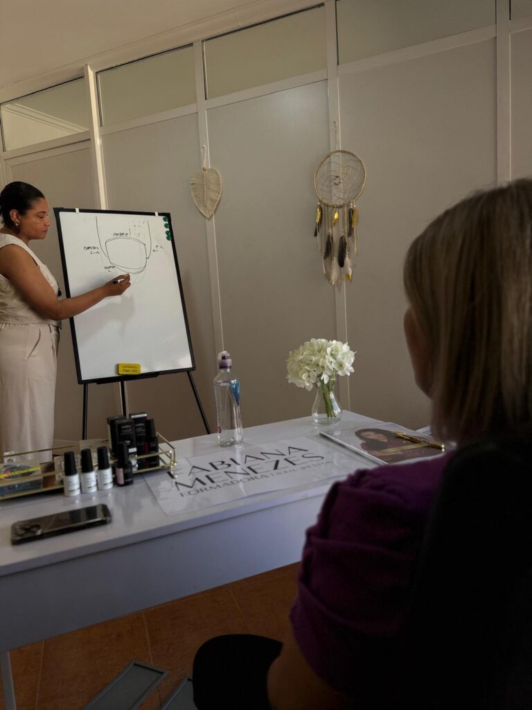 Fabiana a explicar no quadro, com as alunas a acompanhar